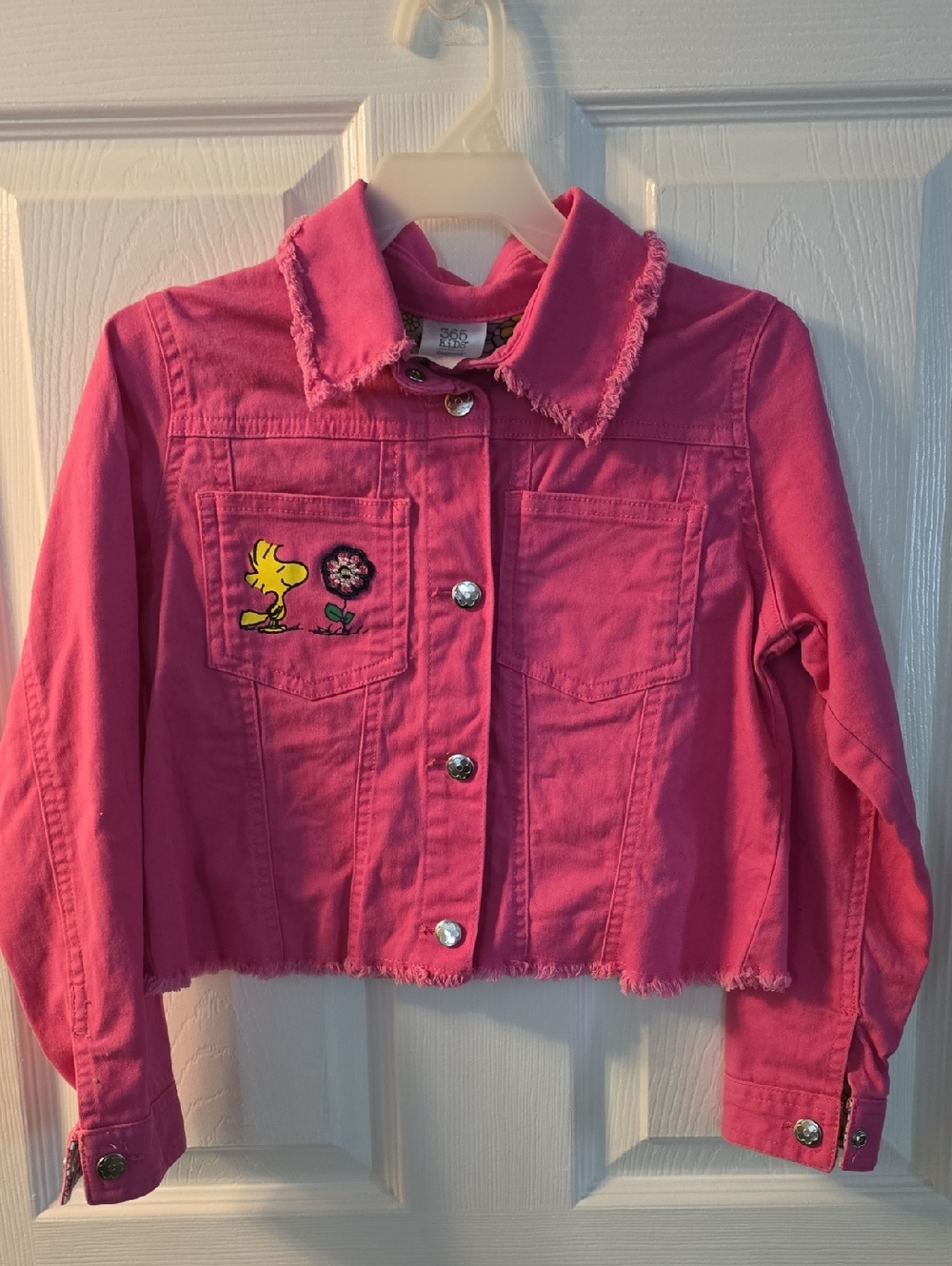 Girls Bright Pink Denim Jacket with Embroidered Character - Casual Cropped Style